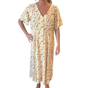 Joe Fresh Pintuck Yellow Floral Short Sleeves Midi Dress Size M